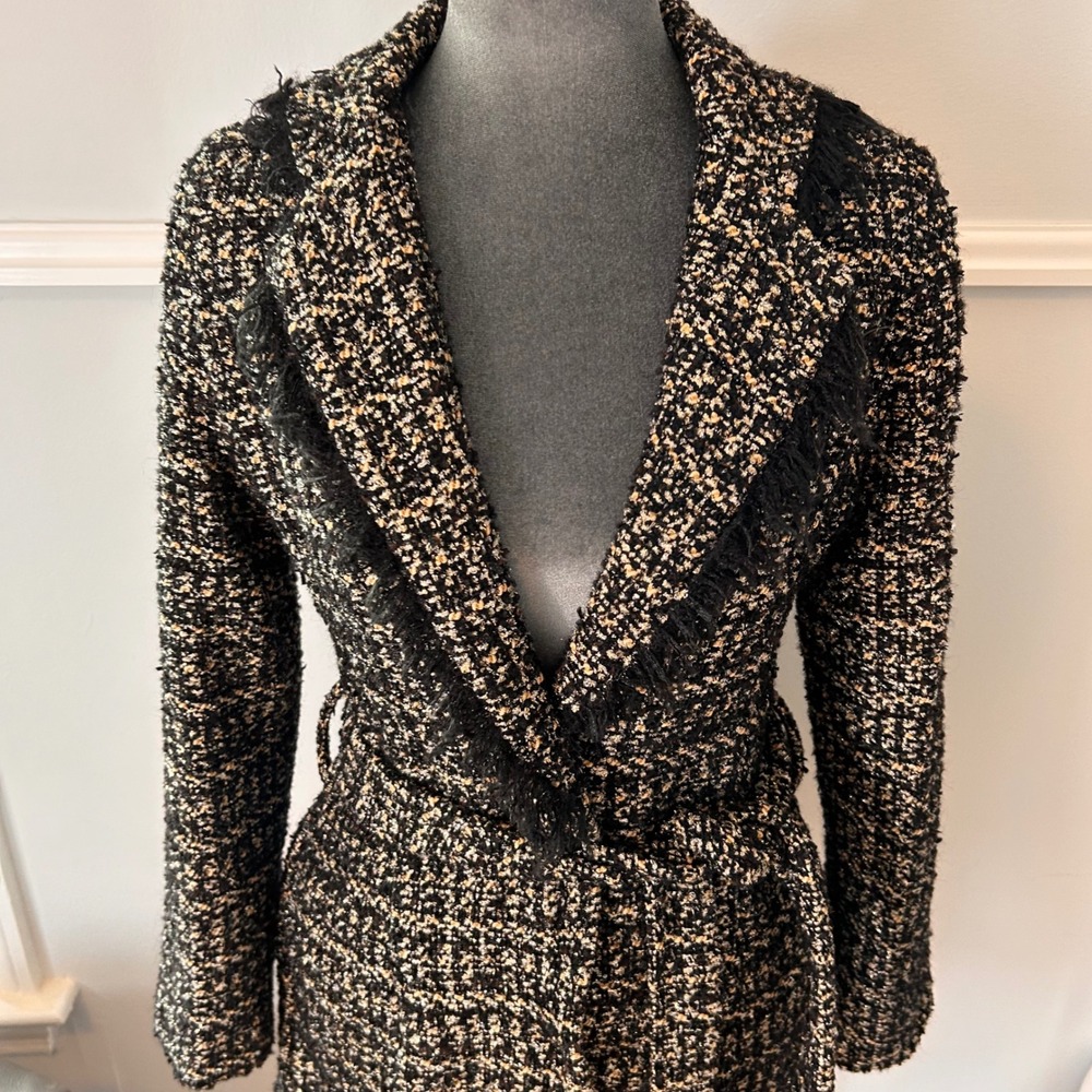 L'Agence Luba Tweed Fringe Belted Jacket Black Gold Wool Blend Size 0 - Picture 12 of 12